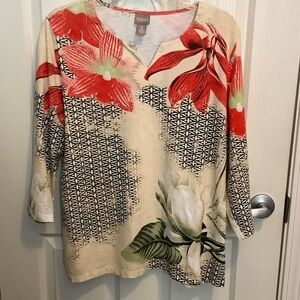 Chico's Red and Cream Floral Blouse